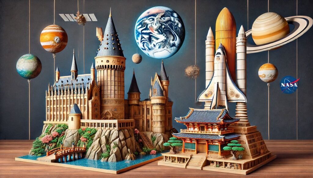 puzles 3D de Howarts templo japones cohete espacial de la NASA rodeados por los planetas