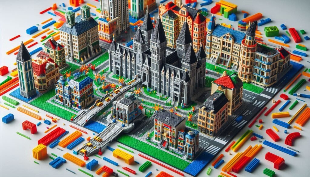 castillo en la ciudad de LEGO hecha de juguetes de construcción