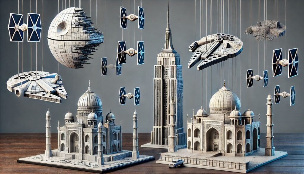 puzles 3D del Empire state el Taj Mahal rodeados por las naves de la Guerra de las galaxias