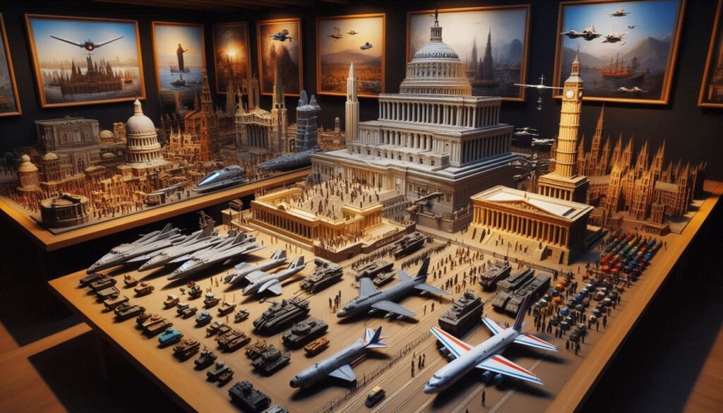 salón repleto de maquetas para montar de aviones trenes edificios emblemáticos y monumentos