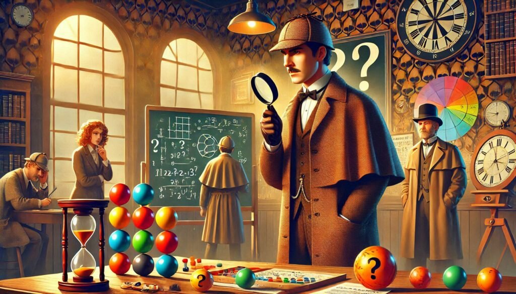 juegos de lógica e inteligencia con acertijos y Sherlock Holmes en escena del crimen