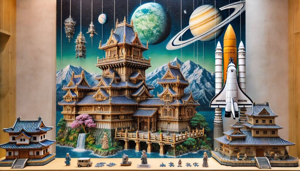 puzles 3D fantasía con castillo de Howarts mezclado con pagoda japonesa junto a un cohete espacial de la NASA y templo