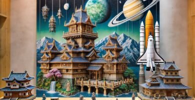 puzles 3D fantasía con castillo de Howarts mezclado con pagoda japonesa junto a un cohete espacial de la NASA y templo