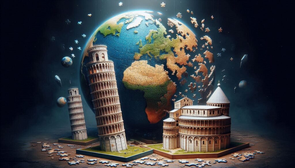 el mundo de los mejores puzles 3D y 2D globo terraqueo en construcción y monumentos torre de Pisa catedral puzzle 3D