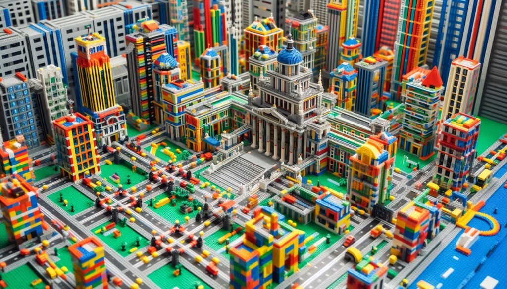 ciudad de juguetes de construcción con multitud de edificios hechos de bloques