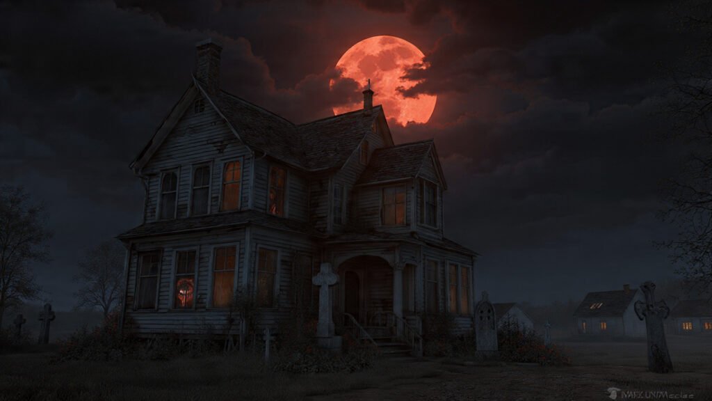 espeluznante y tétrica casa en una noche de terror con luna de sangre para un Halloween terrorífico