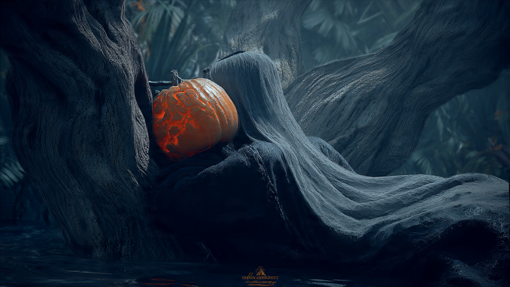 escena ominosa y lúgubre con una calabaza de Halloween