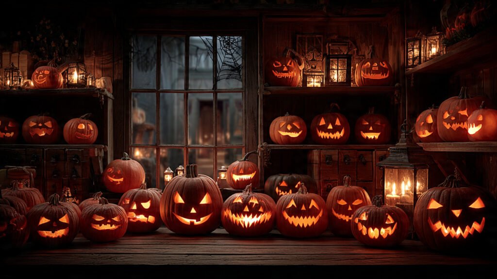 colección de calabazas talladas para Halloween junto a una tétrica ventana