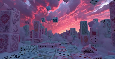 un mundo de fantasía de mahjong con piezas lloviendo y por todos lados