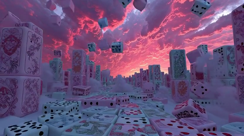 un mundo de fantasía de mahjong con piezas lloviendo y por todos lados