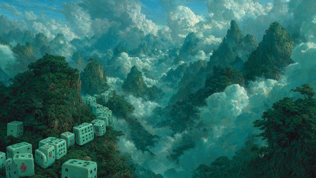 piezas de mahjong en unas montañas  del misterio asiático