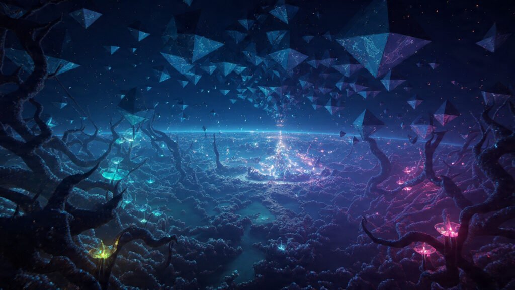 rompecabezas de entrelazado de figuras geométricas en la noche con luces de neón