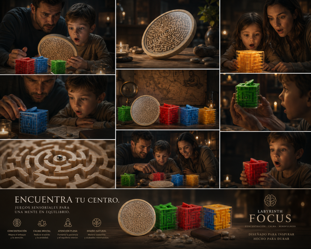 padre e hijo con laberintos y cubos laberínticos para ejercicios mentales y mejora de  la percepción espacial