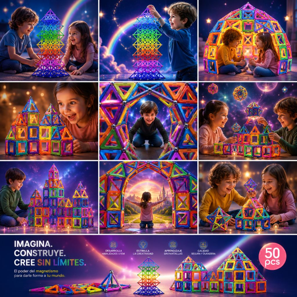 niños jugando con juguetes de construcción de bloques magnéticos realizando construcciones magnéticas con banners publicitarios