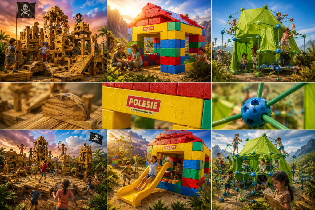 niños jugando en grandes juguetes de construcción infantiles con bloques grandes de apilado o ensamble en ambiente aventurero