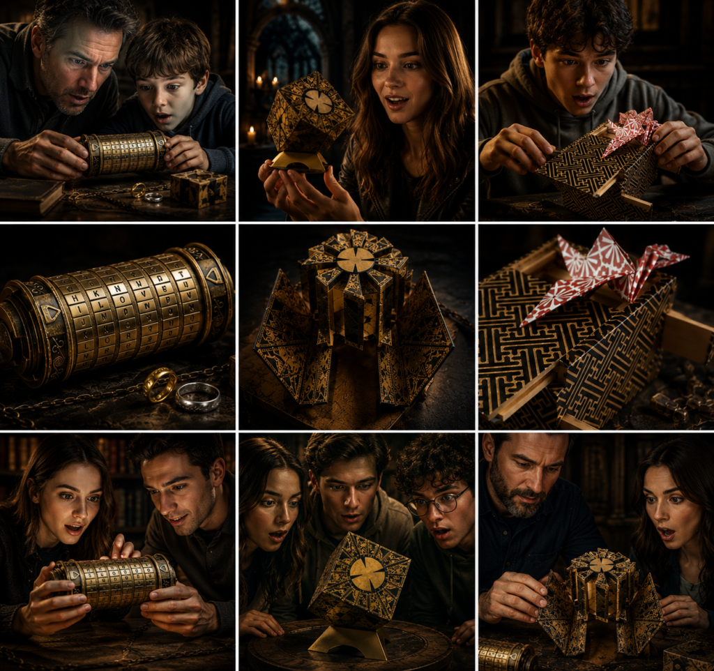 jóvenes y adultos resolviendo cajas y cofres rompecabezas misteriosas secretas Hellraiser código Da'Vinci caja japonesa