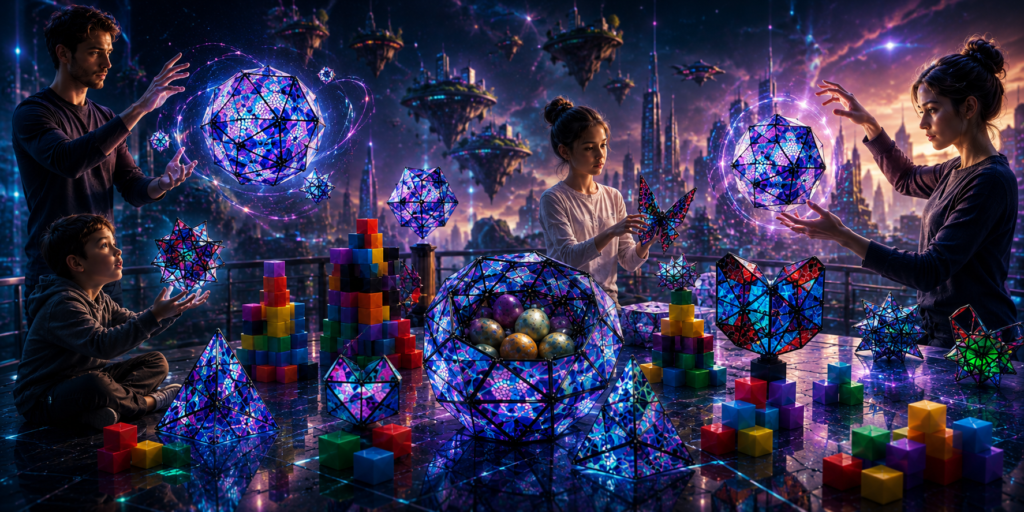 escena futurista de personas adultas y niños manipulando con la mente Bloques y Piezas Móviles con cubos magnéticos transformables de bloques multiforma