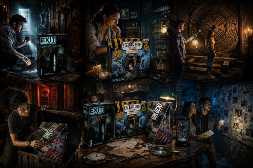 imágenes misteriosas en horizontal con personas con Juegos de mesa de escape room, con deducciones lógicas para escapar del escenario e ingeniosos desafíos