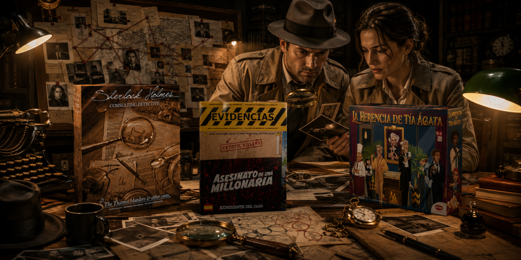 escena horizontal de detectives con Juegos de mesa de crimen y misterio y deducciones lógicas, para resolver crímenes como un gran detective