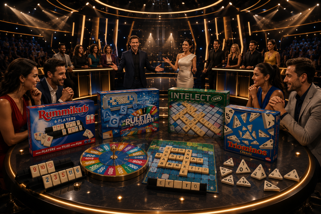 escena horizontal de programas de TV con presentadores y concursantes en atriles de Juegos de mesa de números y palabras, para el cálculo de la solución, desarrollar amplitud de vocabulario y completar la búsqueda de palabras para diversión en grupo