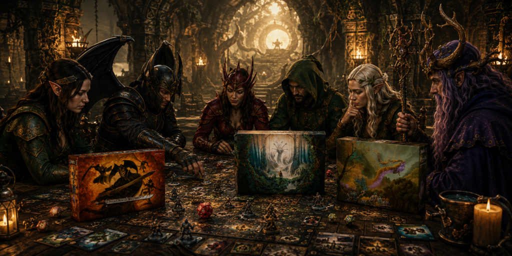 Escena con personajes legendarios de Crawlers, Dungeon crawlers o Juegos de mesa cooperativos de estrategia para estrategia en grupo y coordinación de jugadas en el plan de acción