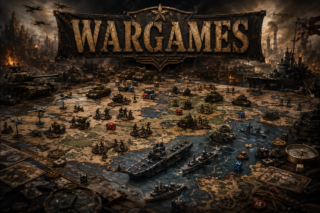 Escena publicitaria horizontal con gran tablero de Juegos de mesa de estrategia, Juegos de mesa de estrategia de construcción, Juegos de mesa de estrategia de conquista, Juegos de mesa de estrategia de guerra o wargames