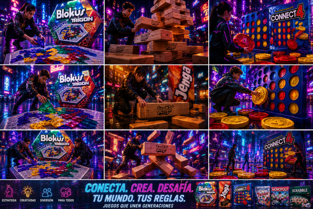 Banner publicitario con personas moviendo fichas y bloques gigantes de juegos de colocación de piezas, de estrategia de bloques, con combinaciones de piezas y apilado de piezas