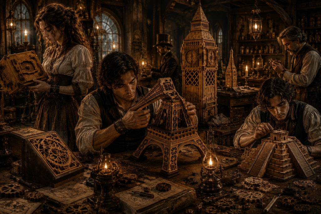 Escena con personajes con construcciones famosas y Cajas maquetas de edificaciones rompecabezas, de edificios con sorpresa, estas maquetas y enigmas, construye el misterio