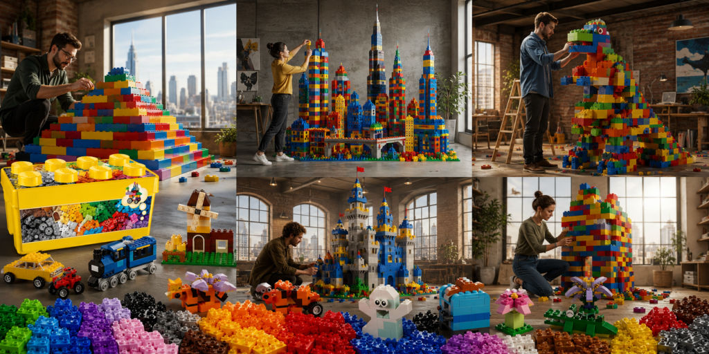 Escenas de personas con Juegos de construcción con ensamble de piezas creando edificios con piezas y otras combinaciones sin límites, construye lo que imagines