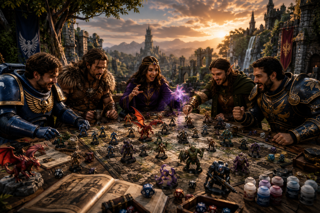 escena horizontal de personajes de Juegos de Rol de mesa, figuras de rol, vive aventuras fantásticas en escenario de fantasía, o Juegos de Rol de tablero