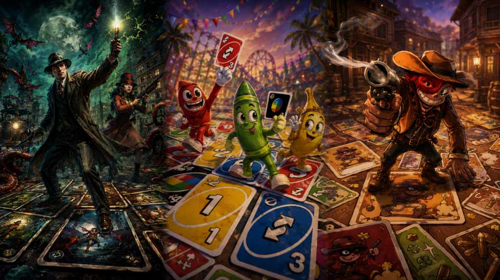 escena con personajes de Juegos de mesa de cartas vivos JCV o Living Cards Games LCG, Juegos de mesa de cartas de bazas de mecánicas ingeniosas, y con elementos adicionales
