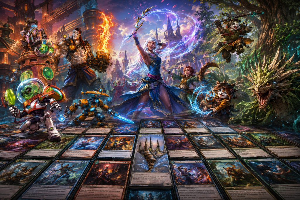 Escenas con personajes de Juegos de cartas coleccionables JCC, Magic The Gathering TCG, sobre cartas artísticas, con ilustraciones de fantasía