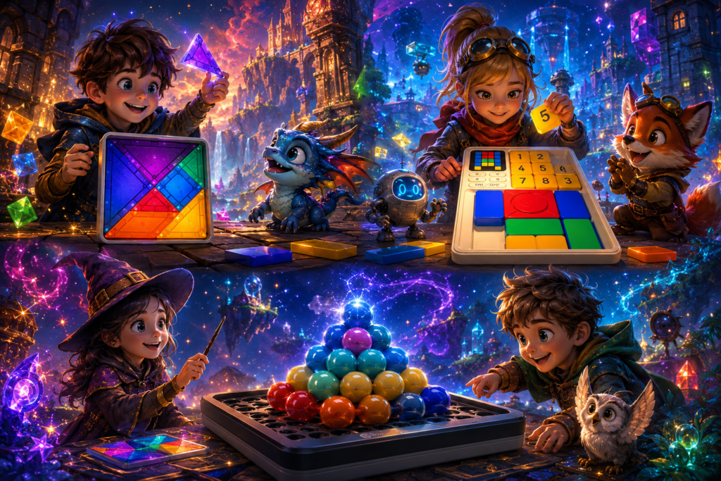 Niños con Juegos de lógica de bloques y piezas móviles de secuencias lógicas y deslizamiento de piezas y bloques geométricos