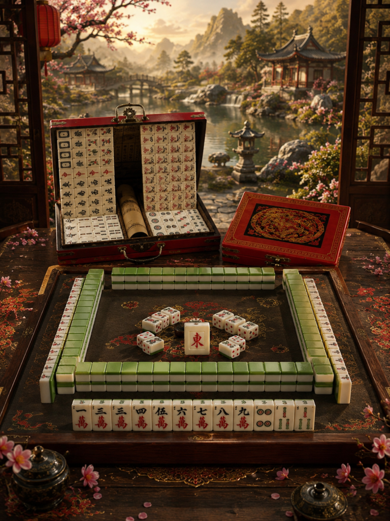 Escenas con campaña publicitaria con fichas y sets de juegos exóticos de mahjong representando todo el misterio asiático