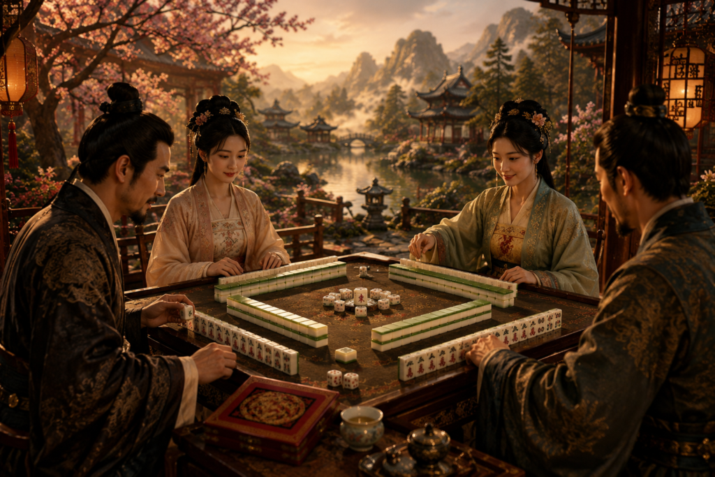 Escena de personas con juegos exóticos de mahjong representando todo el misterio asiático con juegos de mesa clásicos asiáticos de fichas