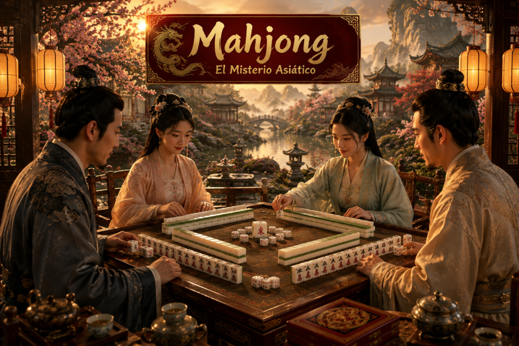 Escenas con campaña publicitaria con banner y personas con juegos exóticos de mahjong representando todo el misterio asiático