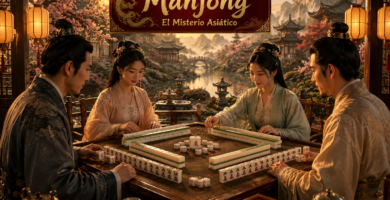 Escenas con campaña publicitaria con banner y personas con juegos exóticos de mahjong representando todo el misterio asiático