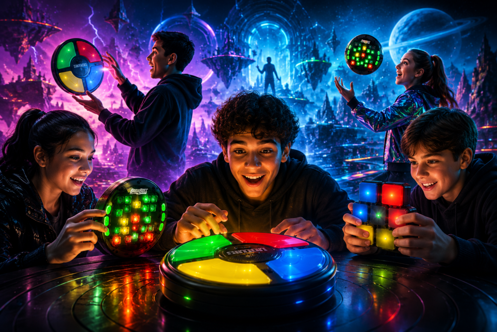 Escena futurista de personajes usando Juegos electrónicos de lógica y memoria, para potenciar la memoria con juguetes electrónicos, de botones con luces de colores y sonidos, para lógica y retención mediante la electricidad