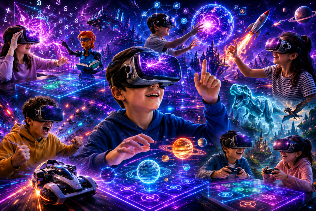 Escenas futuristas de niños con gafas de aprendizaje de Realidad Virtual, para una experiencia inmersiva educativa, que producen una estimulación de los sentidos que te ayuda a aprender, son la tecnología punta para aprender