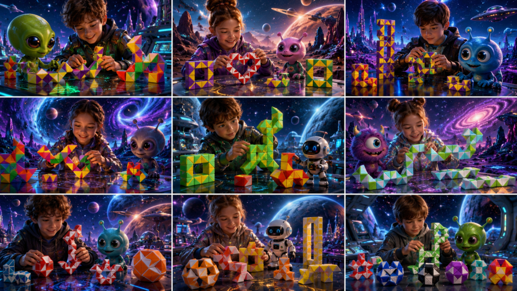 Escena espacial en cuadrícula 3x3 de niños con Serpientes mágicas rompecabezas, que hacen rotación de piezas, para adoptar diferentes formas, y que se pueden transformar con la imaginación