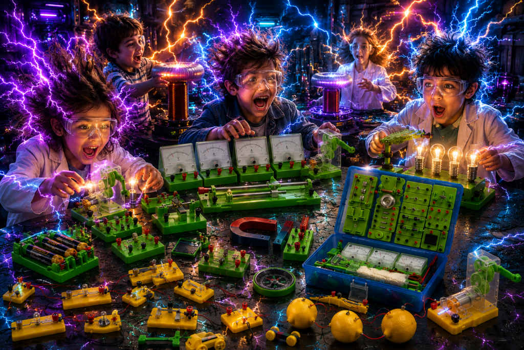 Escena con niños llenos de rayos usando Kits de experimentos electromagnéticos, para crear circuitos de electrónica aplicada y aprender a controlar la electricidad, la tecnología que mueve el mundo