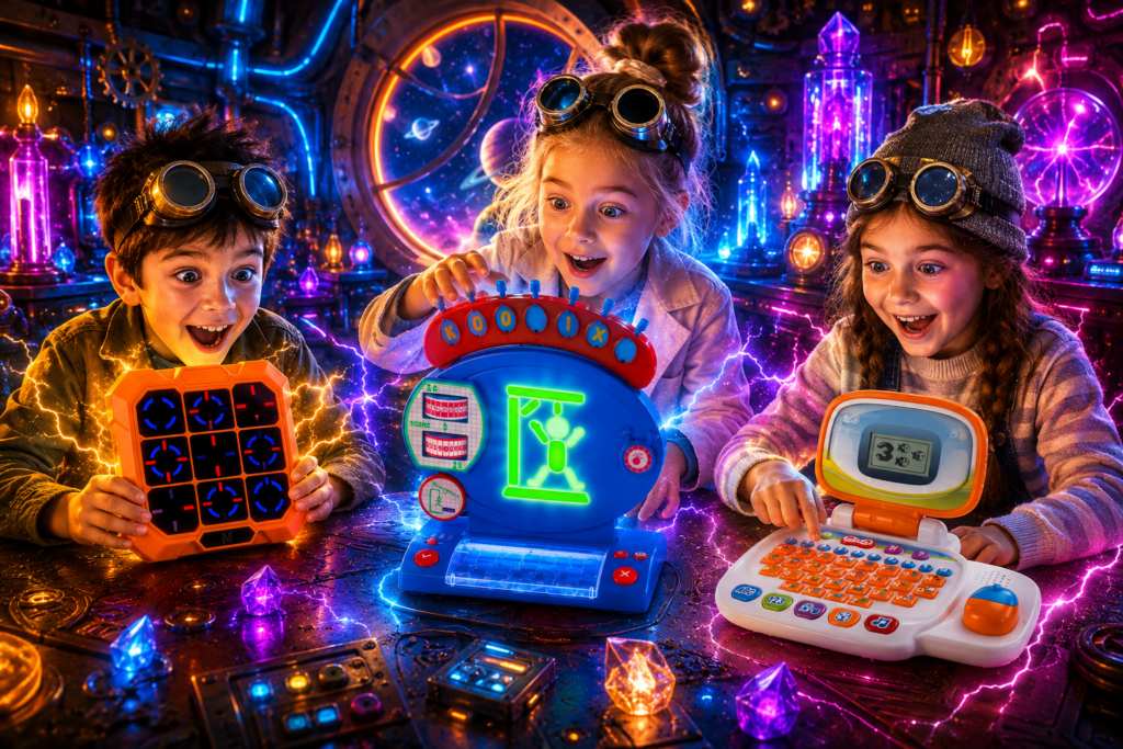 Escena futurista de niños jugando con Juegos de mesa electrónicos, capaces de electrificar los juegos de mesa, y así potenciar los estímulos sensoriales, de la nueva generación de la electrónica aplicada