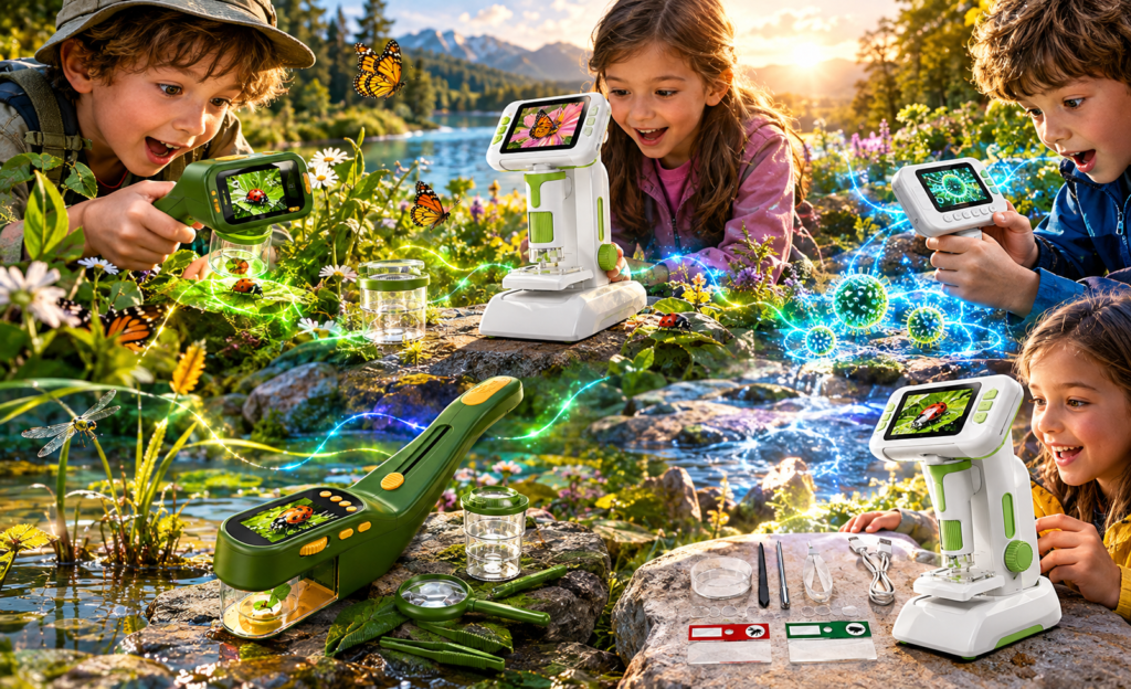 Escena bucólica de futuros científicos usando microscopios digitales de electrónica aplicada, para formar a los futuros científicos, mediante la estimulación de los sentidos y las observaciones de tu entorno, usando la tecnología para entender la naturaleza