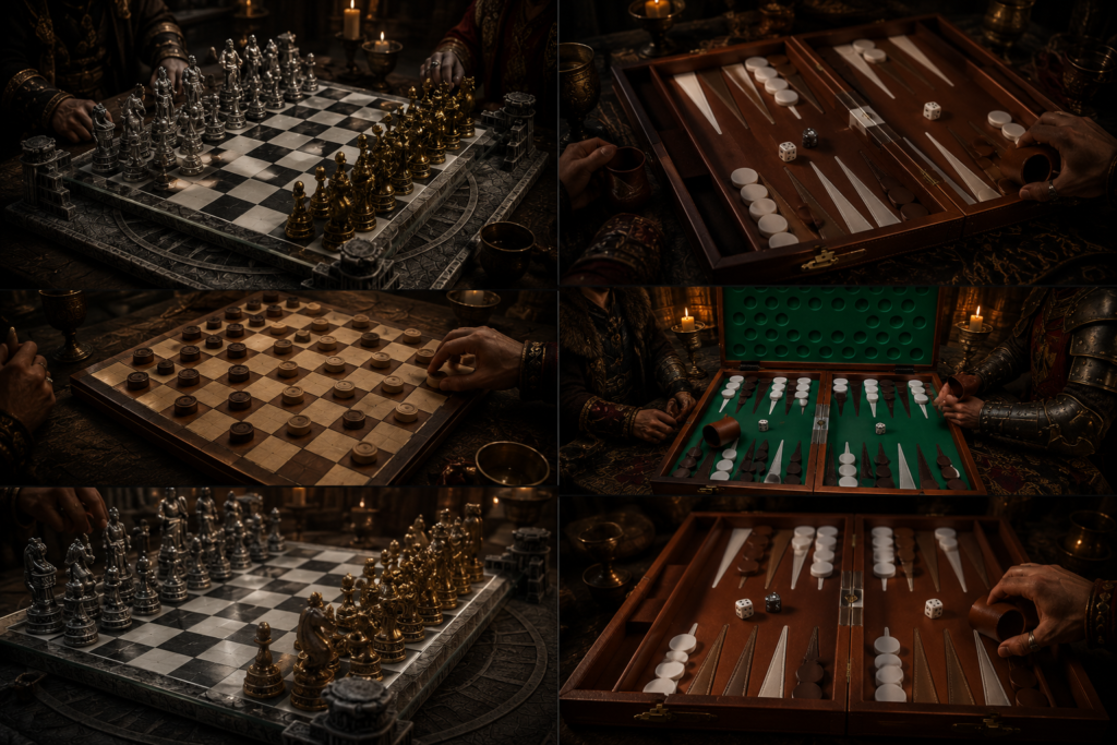 Escenas en cuadrícula 3x3 de Backgammon Ajedrez y Damas, los juegos de mesa más populares, con las estrategias más puras, los juegos clásicos de fichas sobre el tablero