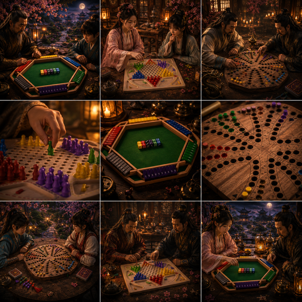 Escenas en cuadrícula 3x3 de personas disfrutando de Otros juegos de mesa, estos juegos de mesa poco habituales, que requieren estrategias diferentes, dando formas diferentes de entretenimiento