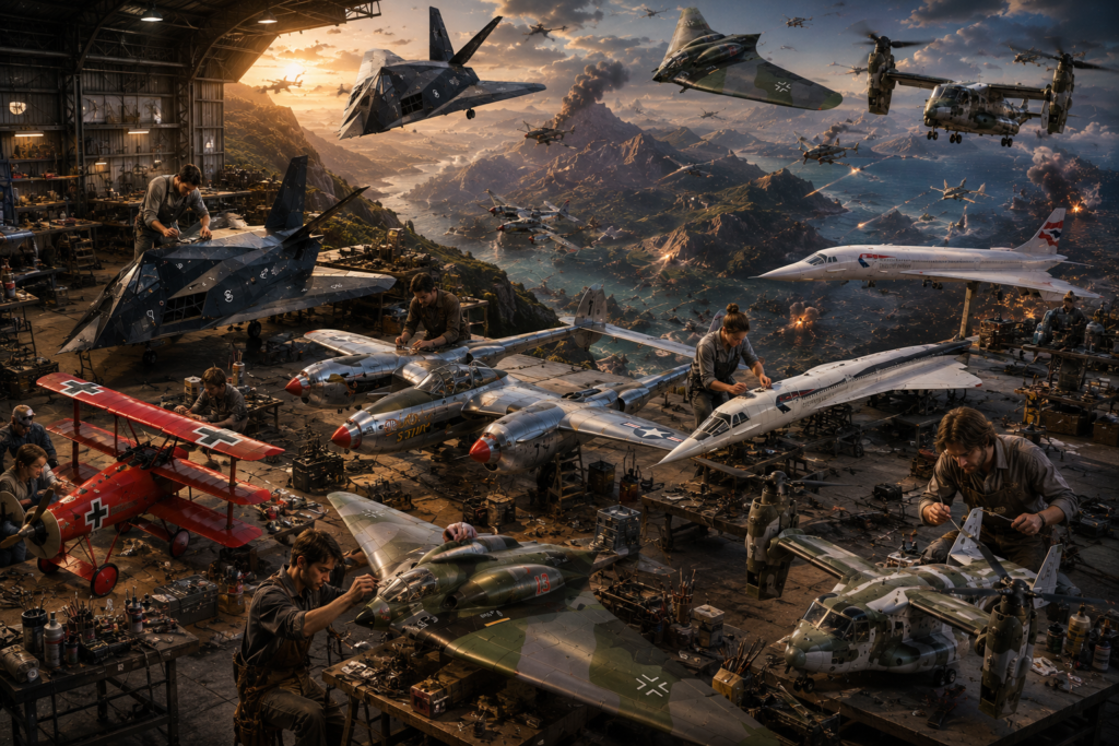 Escena de batalla aérea en bombardeo y en hangar de personas para ensamblar figuras de Maquetas para montar de aviones, con maquetas de helicópteros, maquetas de aviones comerciales, para montar aeronaves variadas