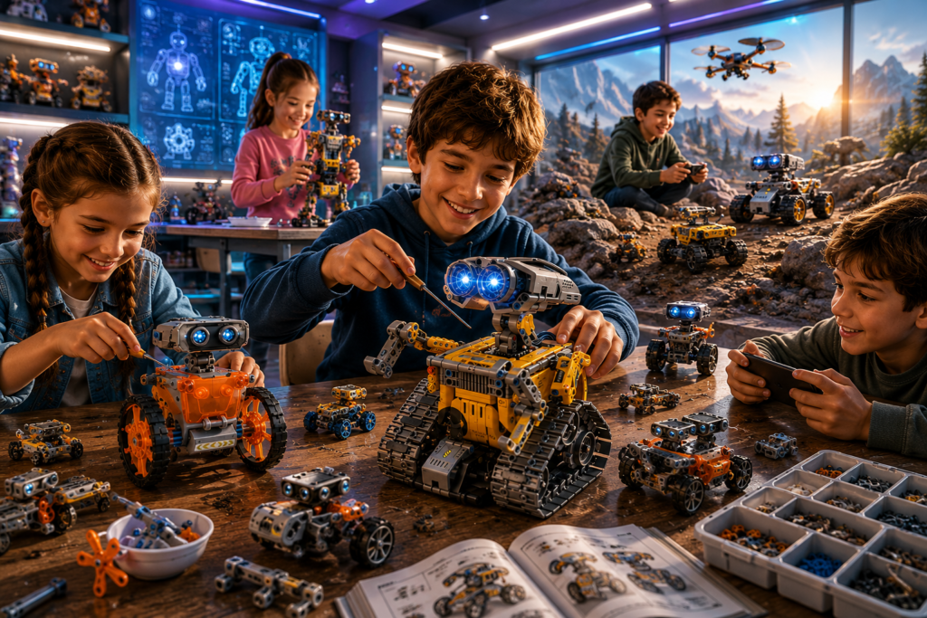 Escena con muchachos montando Kits de robótica y programación, con robots programables, para poder montar figuras robóticas de control autónomo o teledirigido