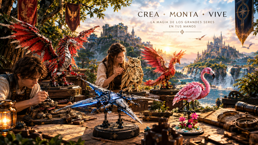 Escena bucólica de fantasía publicitaria con texto comercial de personas construyendo Maquetas de animales mitológicos y reales, para montar seres fantásticos, crea animales reales, y vive la diversidad animal