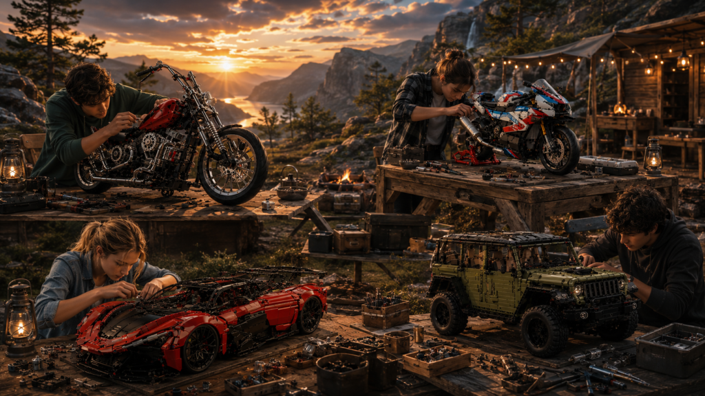 Escena en exteriores con personas montando modelos de Maquetas de vehículos, construye motos y coches famosos, para montar maquetas sobre ruedas, decorar con el mundo del motor