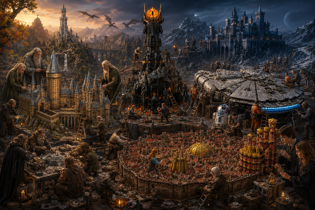 Escena épica de personajes construyendo Maquetas para montar temáticas y de sagas, con temáticas frikis, para montar figuras famosas, y decorar con tus sagas favoritas